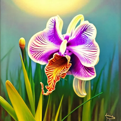 Prompt: detailed surreal holographic orchid iris hybrid flower with lsd dew drops on petals, backlit, sunset, refracted lighting, photorealistic, soft, sharp focus, art by collier, albert aublet, krenz cushart, artem demura, alphonse mucha