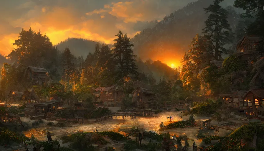 Prompt: village built at the foot of humongous mountain, forest and lakes around, sunset, hyperdetailed, artstation, cgsociety, 8 k