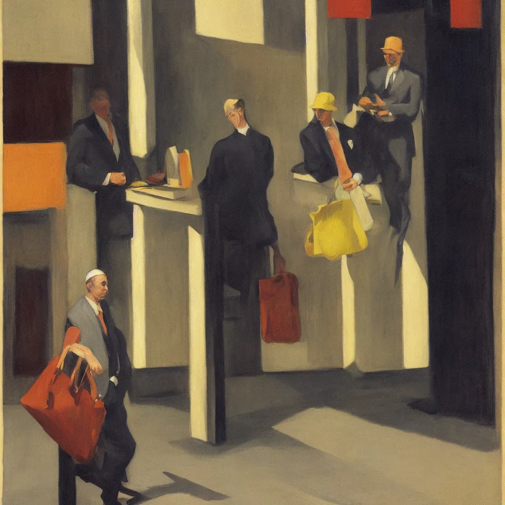Image similar to Man in a business suit with a bag covering his head, by Edward Hopper