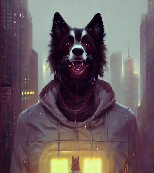 Image similar to new york city portrait of furry anthro anthropomorphic border collie head animal person fursona wearing clothes strange cybernetic augmentations cyber muzzle gloomy rainy cyberpunk digital art by Greg Rutkowski, Simon Stalenhag, trending on Artstation, CGSociety