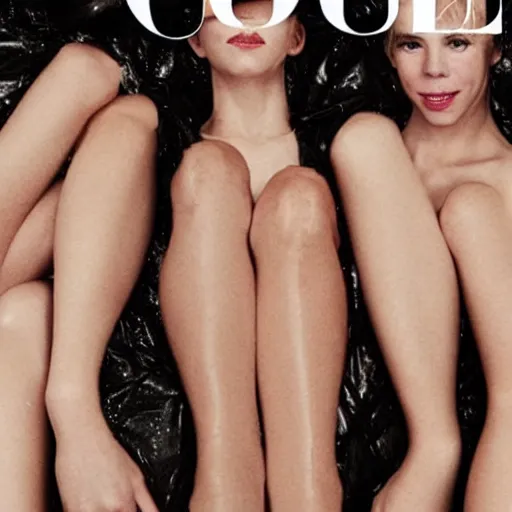 Image similar to stunning vogue magazine photo of dark - haired goddesses vanessa kirby, hailee steinfeld, and bjork smiling, legs intertwined, laying back on the bed, with wet faces!!, wet lips, smooth skin, perfect eyes, insanely detailed, elegant, by wlop, rutkowski, livia prima, mucha, wlop,