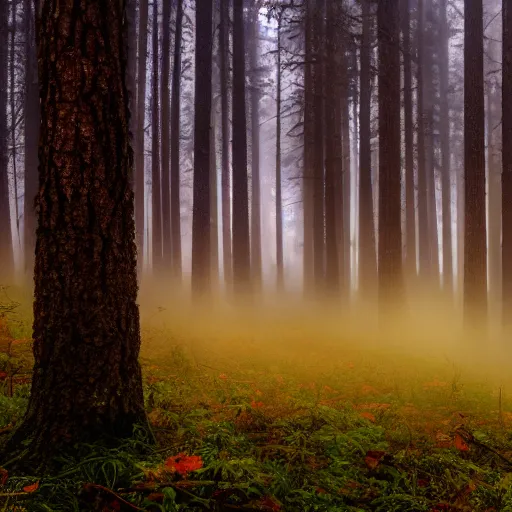 Image similar to a foggy forest clearing at night softly lit by multicolored lights, 8k, photo, rule of thirds,