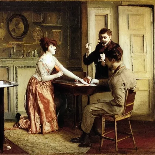 Image similar to man and woman solving an escape room riddle by alfred stevens