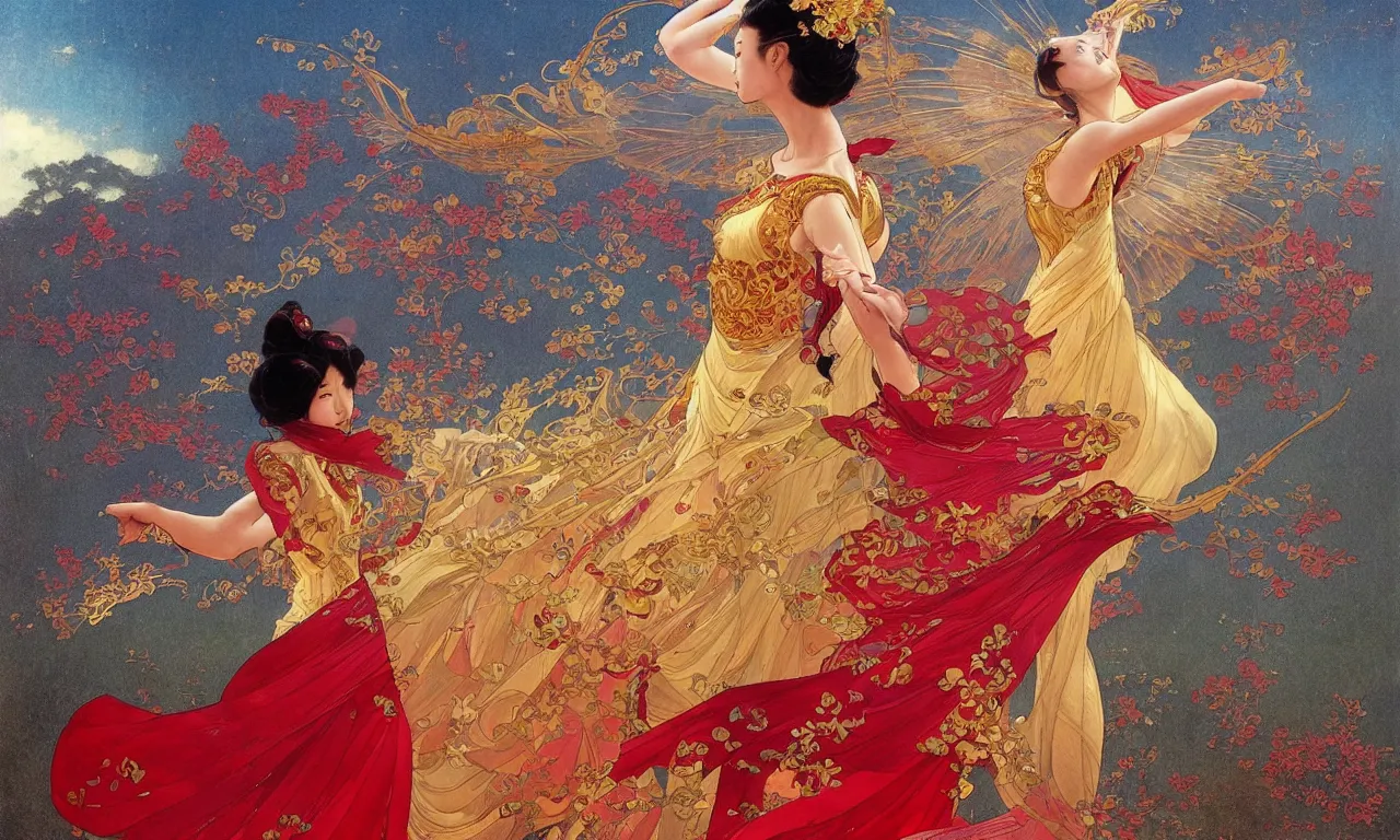 Prompt: chinese princess, dance, fairy, beautiful, stunning, red and gold dress, spinning in the sky, by stanley artgerm lau, greg rutkowski, victo ngai, alphonse mucha, loish, norman rockwell