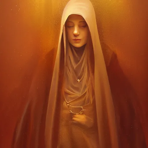 Image similar to a portrait of a young woman wearing a long dark cloak, hood and shadows covering face, holding golden chains, oil painting, matte painting, black background, Volumetric Golden dappled dynamic lighting, Highly Detailed, Cinematic Lighting, Unreal Engine, 8k, HD, by Beksinski