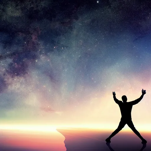 Image similar to 4K ultra HD detailed award-winning wallpaper of silhouette of man reaching his hand towards huge vast sky Earth universe