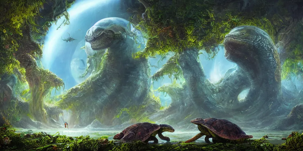 Image similar to fantasy oil painting, klattu spacecraft, outer worlds, great leviathan, turtle cephalopod terrapin reptilian pachyderm amphibian hybrid, rainforest mountains, lush plants flowers, epic natural light, bright clouds, luminous sky, bright cinematic key lighting, michael cheval, michael whelan, vray, 8 k hd