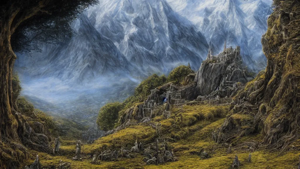 Image similar to lord of the rings scenery, by alan lee, intricate, lord of the rings calendar, smooth, detailed terrain, oil painting, high detail, trending artstation, concept art, matte painting