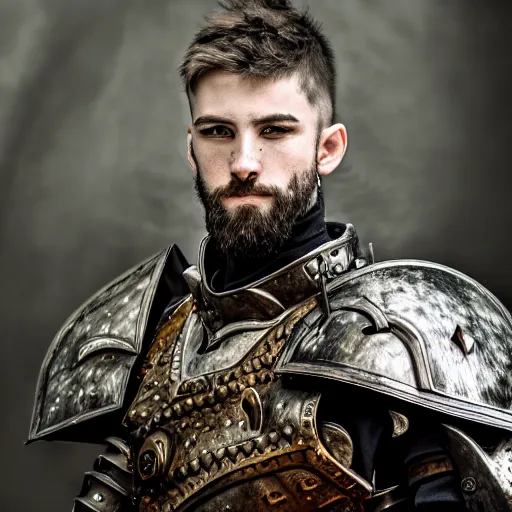 Prompt: portrait of a guy with battle armor,Grim fantasy, D&D, HDR, natural light, medium close shot, dynamic pose, award winning photograph, Mucha style