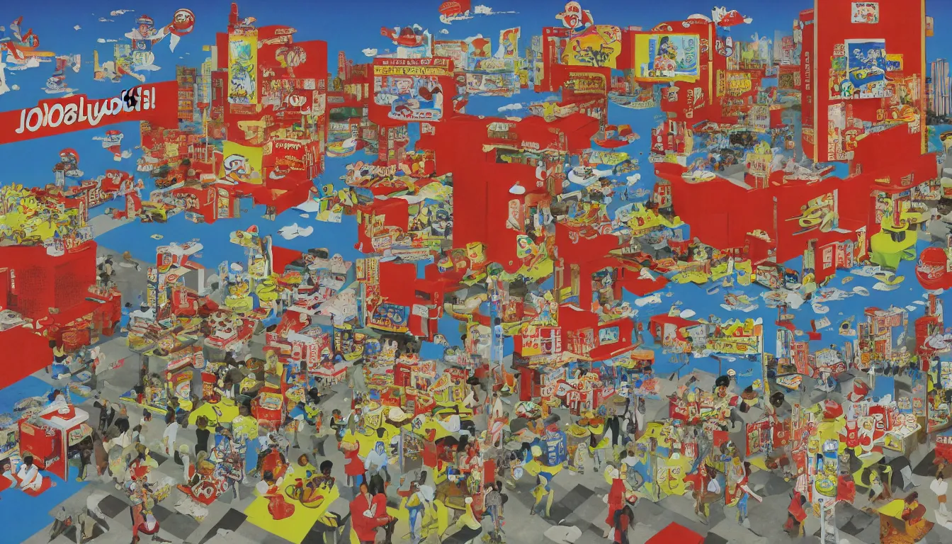 Prompt: Jollibee City, mixed media, by Tadanori Yokoo