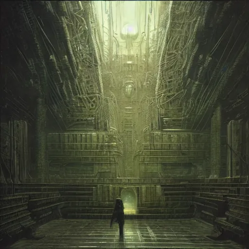 Image similar to lost and alone in a vast future sci - fi cyberpunk brutalist megastructure temple by gustave dore and gustave moreau and beksinski and giger and craig mullins and jeremy mann