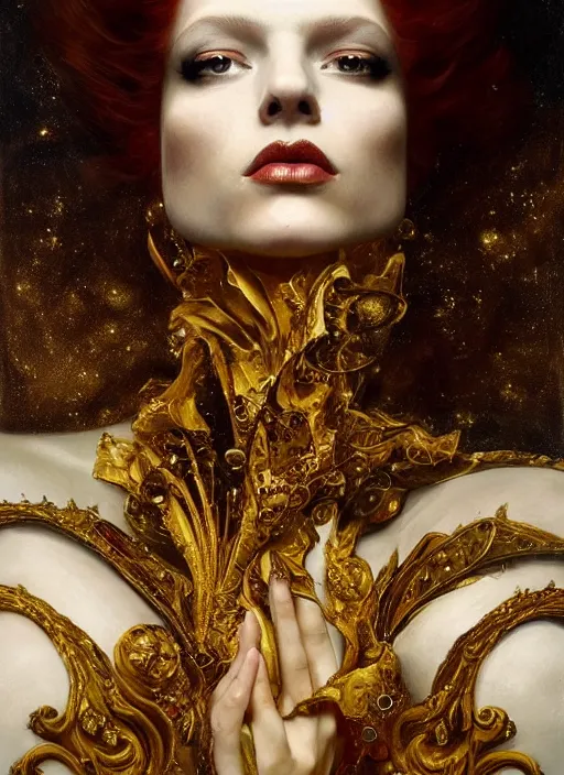 Image similar to highly detailed oil painting | very intricate | cinematic lighting | black, white and gold color scheme, dark background | the redhead princess of fire dressed by alexander mcqueen | by roberto ferri, by tom bagshaw, by singer sargent and klimt, american romanticism, occult art | by austin osman spare, artstation, cgsociety, official art, octane