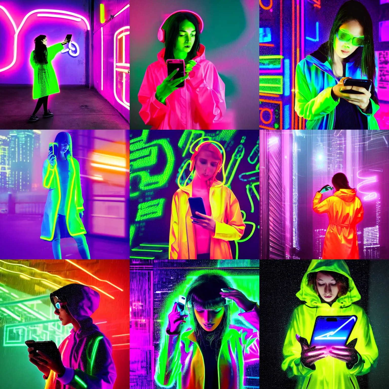 Prompt: a woman in a neon raincoat using a cell phone, cyberpunk art by stanley twardowicz, trending on shutterstock, holography, seapunk, y 2 k aesthetic, glowing neon