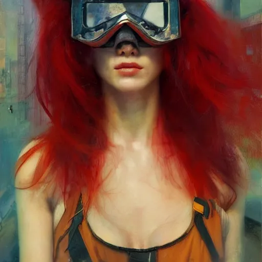 Image similar to red haired female, cyberpunk, wearing futuristic goggle, cyborg ; photorealistic, hyper real, 8 k, high details, detailed painting, epic lighting, by ilya repin, phil hale and kent williams