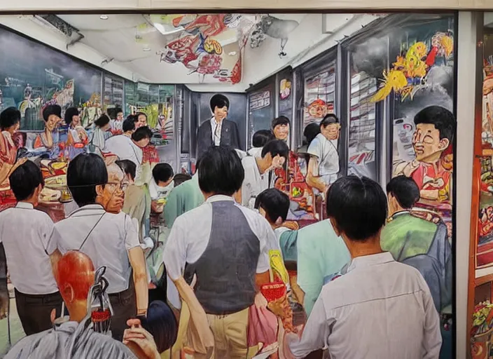 Image similar to Singapore prime ministers in a hawker centre, by Yip Yew Chong, street art