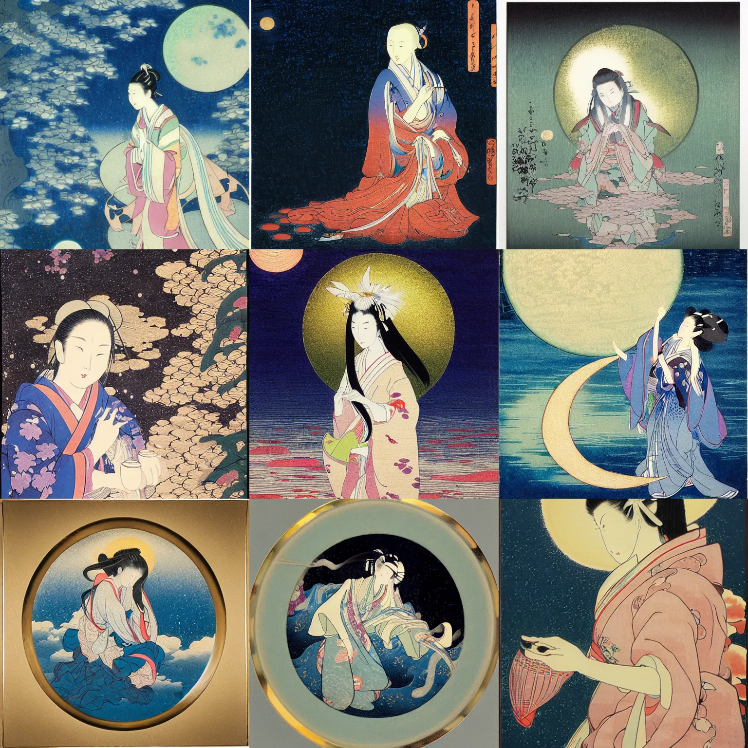 Prompt: a ukyo-e painting of Kaguya, the moon light princess by Hokusai, very ethereal, floating world, glass reflections, oil painting, award-winning, highly detailed palette knife oil painting, thick impasto, painterly, autochrome, pinhole, realistic lighting, chiaroscuro, very ethereal, very ethereal, silver color, dark, chiaroscuro, nacre, pastel oil inks, , paint-on-glass painting, chibi, soft pastel colors, pinguin, soft, very ethereal, silver color, dark, chiaroscuro, nacre, pastel oil inks, paint-on-glass painting, holographic texture, holographic material, holographic rainbow