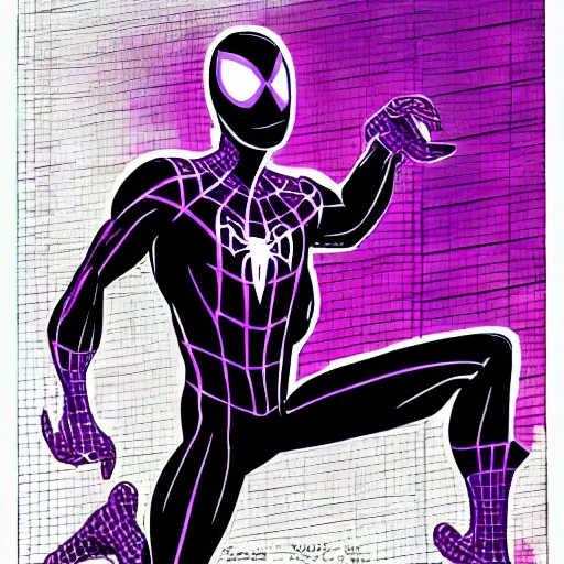 Prompt: black and purple spiderman drawn in comic book art style by steve ditko, 4 k digital art