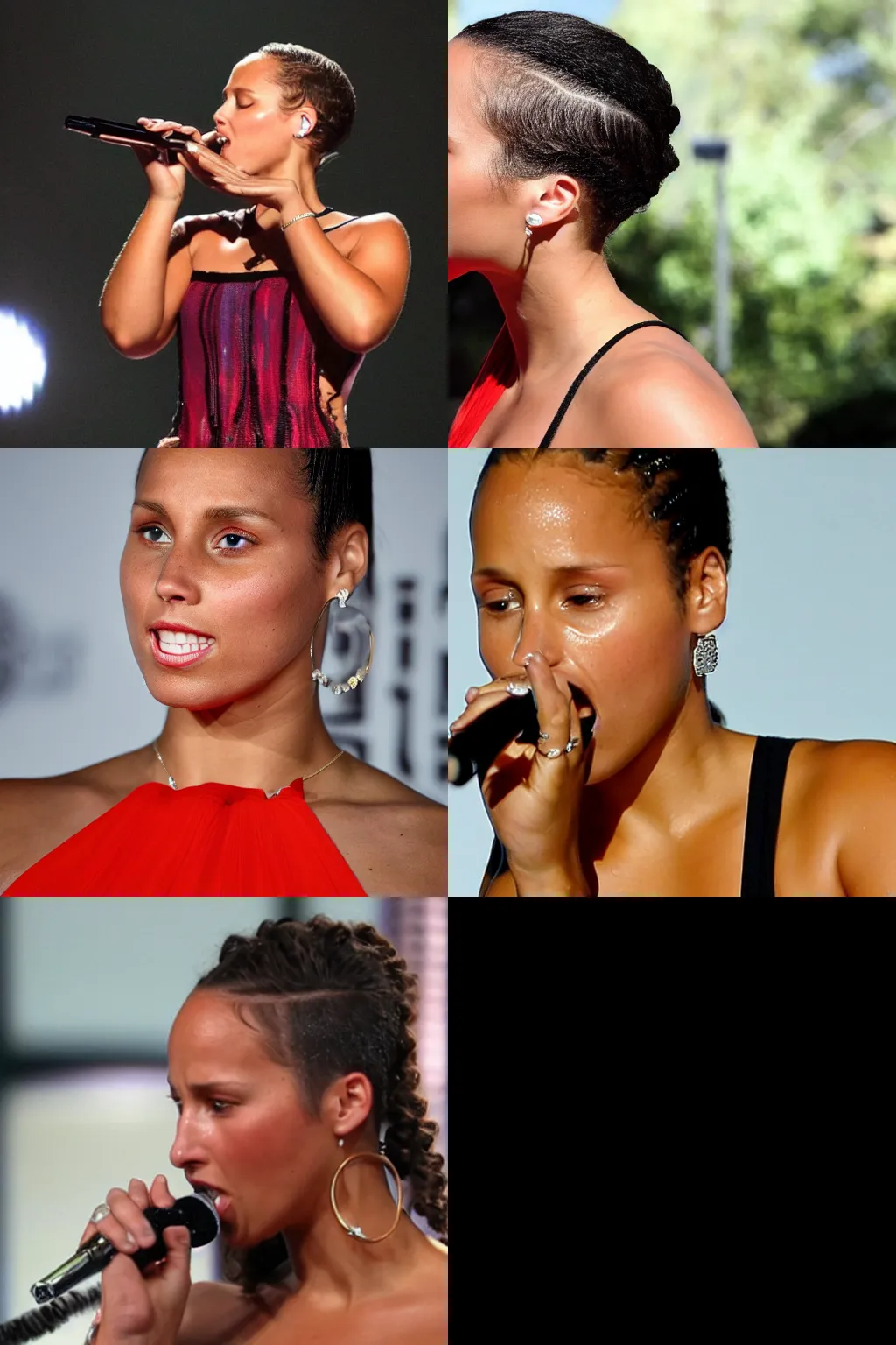 Prompt: alicia keys sweating trying to whistle