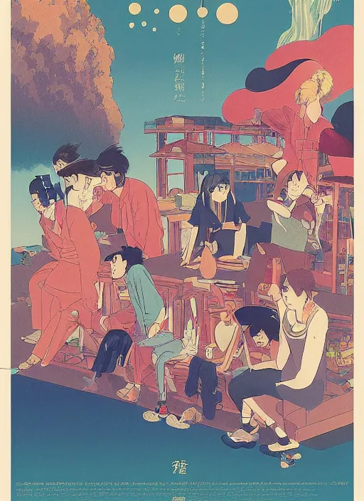 Image similar to an incredibly well designed dj party poster, risograph by kawase hasui, yoshiyuki sadamoto, tadayoshi yamamuro, jean giraud, studio ghibli, moebius and edward hopper, colorful flat surreal design, colorful flat surreal design, super detailed, a lot of tiny details, fullshot, isometric angles, xray hd, 8 k, artstation