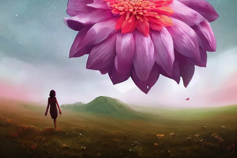 Image similar to giant dahlia flower as a head, girl walking on mountain, surreal photography, stars, dramatic light, impressionist painting, storm clouds, digital painting, artstation, simon stalenhag