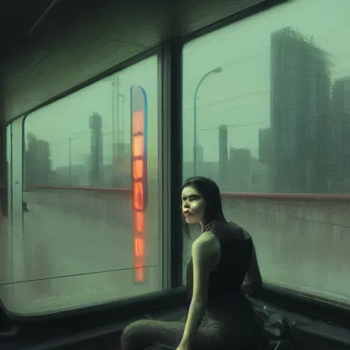 Image similar to detailed portrait of a woman, moment, cyberpunk mag - lev bullet train electronic billboards, tech noir, wet reflections, atmospheric, ambient, livia prima, greg rutkowski, edward hopper, pj crook