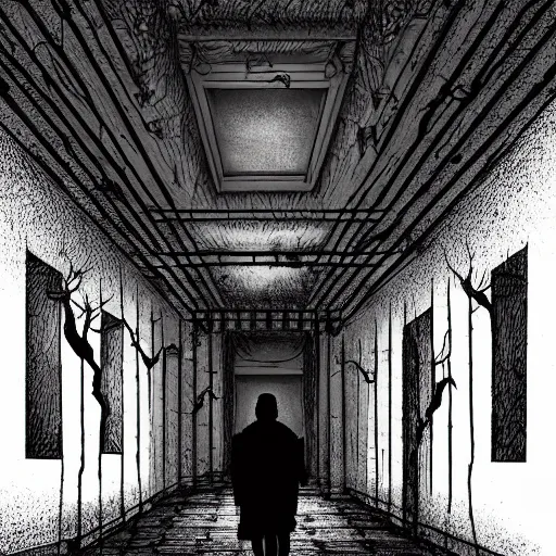 Image similar to a man walks through a haunted house, dark, creepy, detailed, digital art