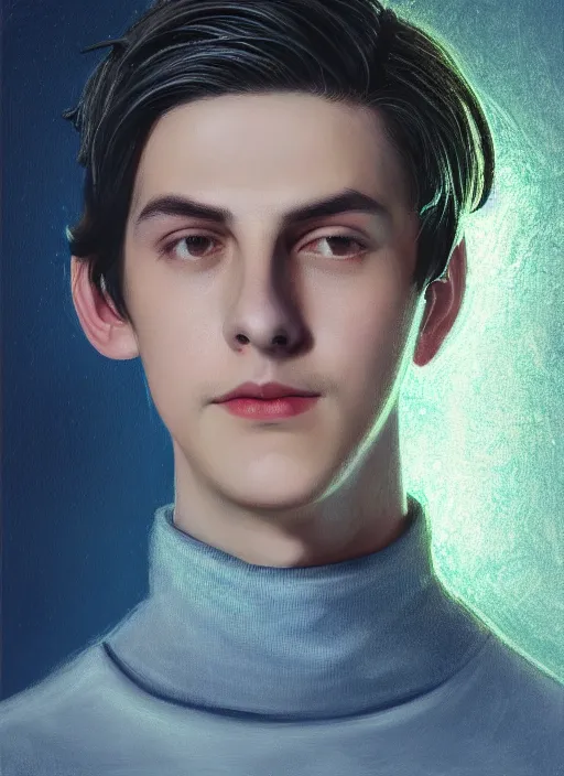 Image similar to portrait of teenage jughead jones wearing a light grey crown, crown, blue turtleneck, 1 9 5 0 s, closed eyes, photorealistic, black hair, glowing lighting, intricate, elegant, glowing lights, highly detailed, digital painting, artstation, concept art, smooth, sharp focus, illustration, art by wlop, mars ravelo and greg rutkowski