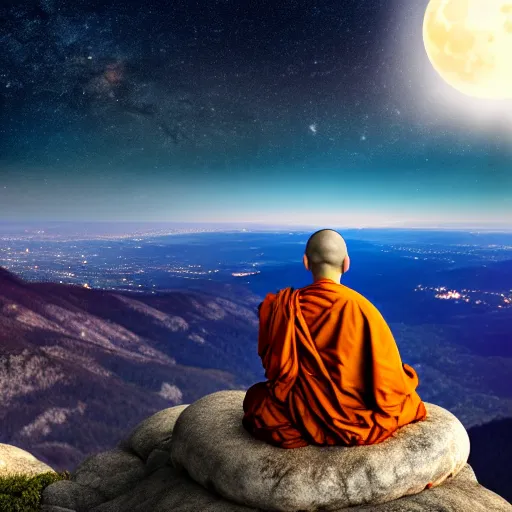 Image similar to high definition render of a monk on top of a mountain, full moon, milky way, galaxy, buddhism, 8 k, symbolic, global illumination, raytracing