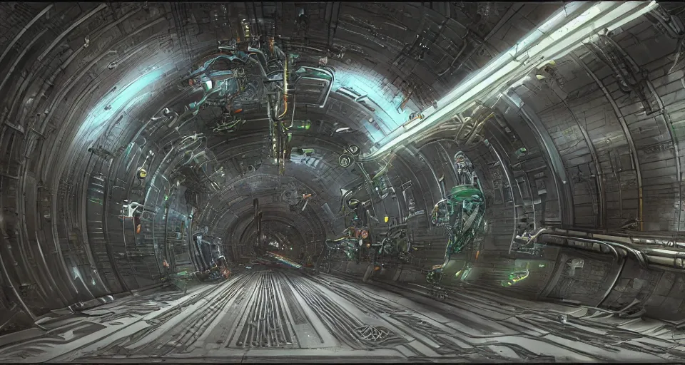 Prompt: a biomechanical giger subway tunnel mri machine with massive piping inspired by a nuclear reactor submarine and maschinen krieger, ilm, beeple, star citizen halo, mass effect, starship troopers, elysium, iron smelting pits, high tech industrial, warm saturated colours