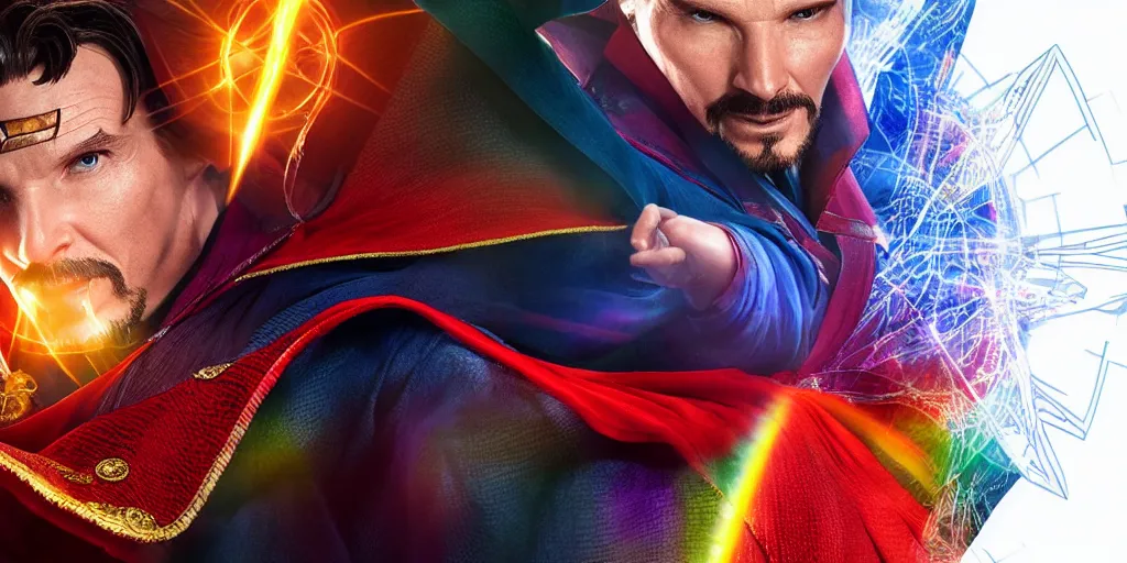 Prompt: doctor strange combined with waya steurbaut hero combination rainbow glowing suite high resolution film render 100k, photo realistic, epic, colourful close up shot