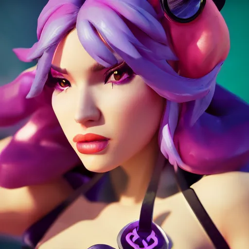 Prompt: still of pretty KDA More Miss Fortune (wild rift) close up in a music video. 3d render, octane render, game art, realistic, highly detailed, trending on artstation, 4k, trending on artstation, cgsociety, unreal engine 5, redshift render, trending on artstation, blender, behance, cg