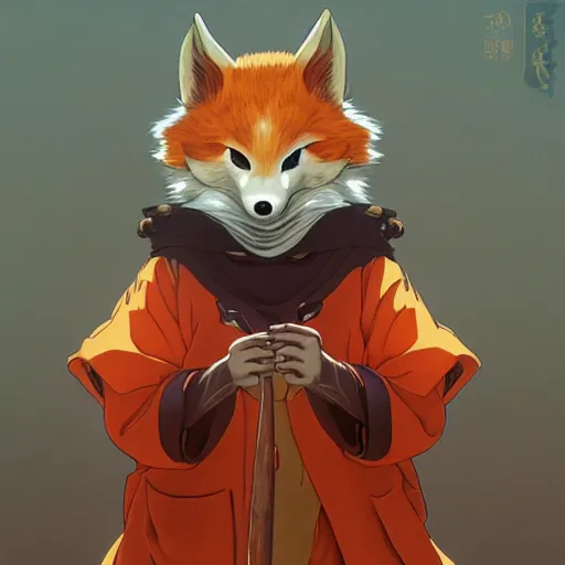 Image similar to masked godly kitsune smoking, wooden pipe, fuji mountain, anime style, symmetrical facial features, avatar for website, animal anatomy, hyper realistic, orange fur, rule of thirds, extreme detail, 4 k, detailed drawing, trending artstation, realistic lighting, by alphonse mucha, greg rutkowski, sharp focus, backlit