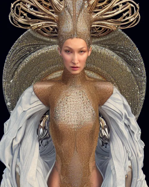 Prompt: a highly detailed metahuman 4 k close up render of an alien goddess bella hadid as alien in iris van herpen dress schiaparelli in diamonds crystals swarovski and jewelry in style of alphonse mucha gustav klimt trending on artstation made in unreal engine 4