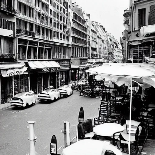 Prompt: une rue de paris vide avec des voitures garees, un restaurant avec une terrasse, des boutiques avec des neons, en debut de matinee en 1 9 6 5