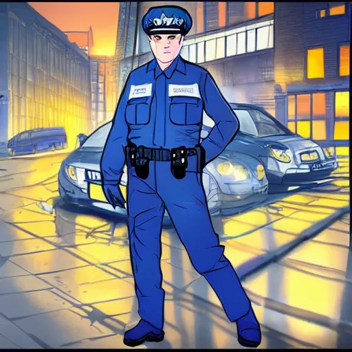 Image similar to A British police officer in London, wearing hivis and blue rubber gloves, anime art style, highly detailed, ambient lighting