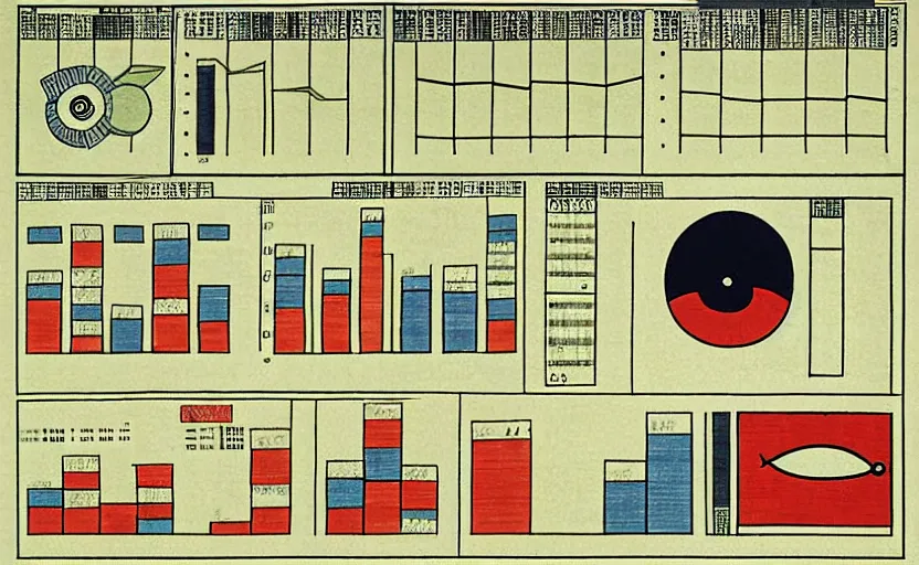 Image similar to business dashboard with time series charts, pie plots and other modern graphics, with small creatures with many eyes. diego rivera ( with slight ukiyo - e influence ). ravi supa.