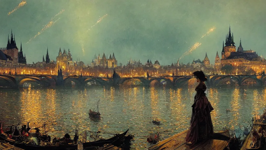 Image similar to a beautiful painting of the view from the river of london or prague during a fireworks festival, at night with a sky full of stars and fireworks, intricate, elegant, highly detailed, digital painting, artstation, concept art, by krenz cushart and artem demura and alphonse mucha