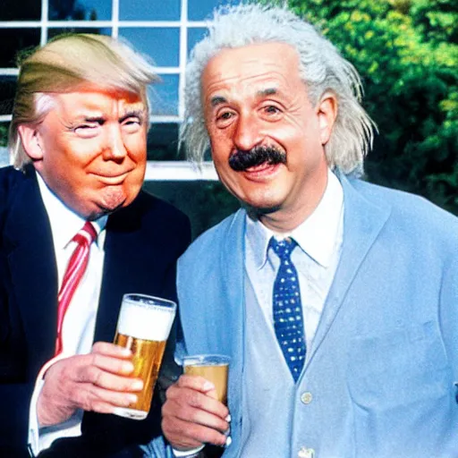 Prompt: donald trump and albert einstein drinking beer together by a swimming pool