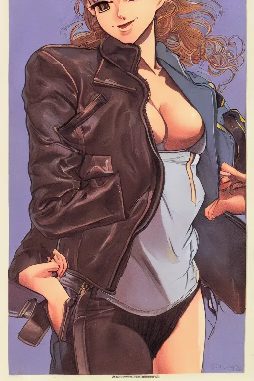 Image similar to portrait of an attractive young female protagonist, center focus, wearing leather jacket, in city street, detailed artwork by ralph bakshi