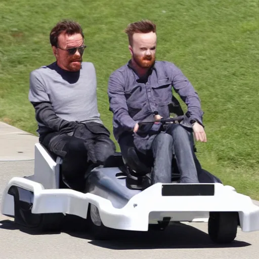 Image similar to paparazzi photo Bryan Cranston and Aaron Paul in go karts, Breaking Bad, candid