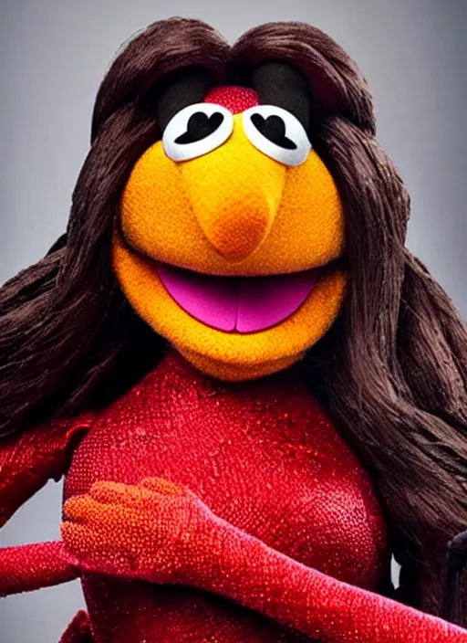 Image similar to studio portrait still of muppet!!!!! black widow!!!!!! from avengers infinity war as a muppet muppet as a muppet, 8 k, studio lighting, key light,