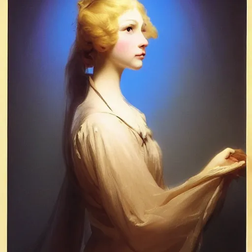 Image similar to young woman's face, her hair is white and she wears a cobalt blue duchesse satin cloak, by ivan aivazovsky and syd mead and moebius and gaston bussiere and roger dean and willem claesz and pieter claesz and paul delaroche and alma tadema and aelbert cuyp, hyperrealistic, volumetric light, octane