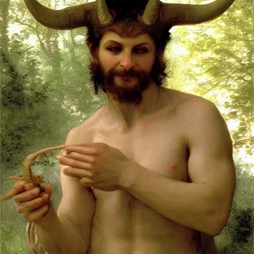 Prompt: photorealistic portrait of horned god Pan in the forest by Bouguereau