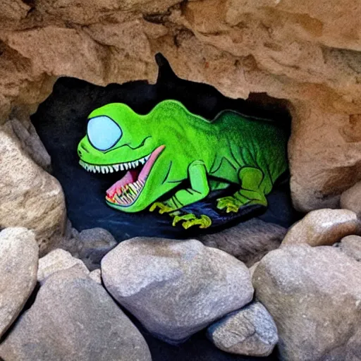 Prompt: dinosaur pepe in a cave