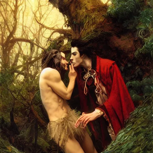 Image similar to attractive male fairy of the forest confesses his love to attractive male dracula the vampire. highly detailed painting by gaston bussiere, craig mullins, j. c. leyendecker 8 k