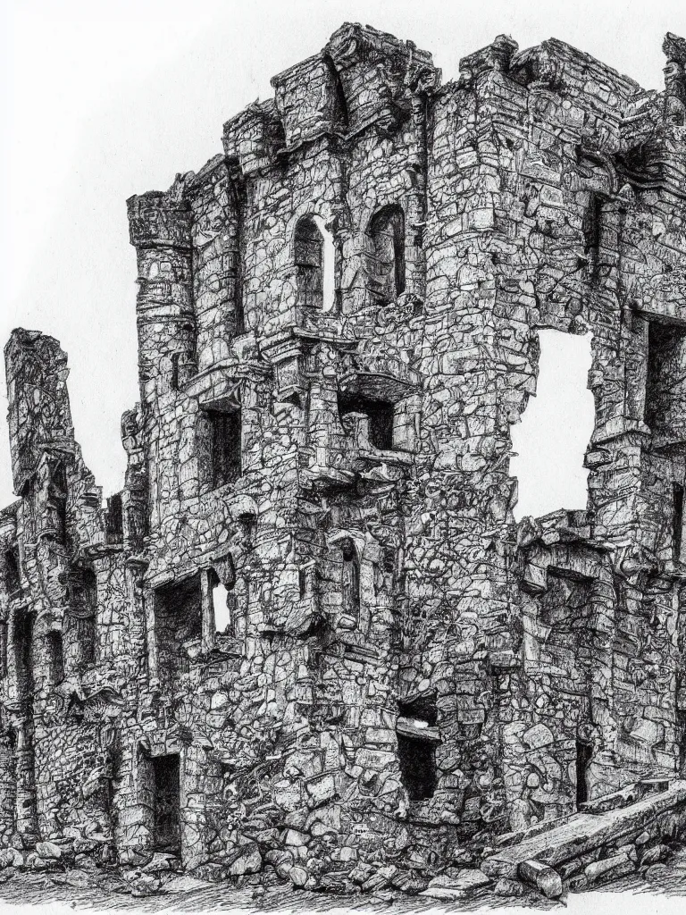 Prompt: A pen drawing of a dilapidated ancient castle building in the wood, by Juan Francisco Casas, high detailed