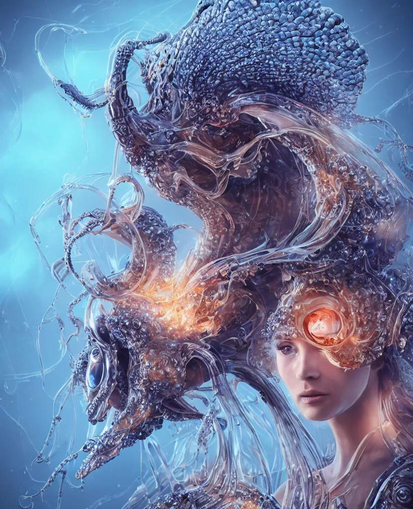 Image similar to close-up macro portrait of the face of a beautiful princess with animal skull mask, epic angle and pose, symmetrical artwork, 3d with depth of field, blurred background, cybernetic jellyfish female face skull phoenix bird, translucent, nautilus, energy flows of water and fire. a highly detailed epic cinematic concept art CG render. made in Maya, Blender and Photoshop, octane render, excellent composition, cinematic dystopian brutalist atmosphere, dynamic dramatic cinematic lighting, aesthetic, very inspirational, arthouse. y Greg Rutkowski, Ilya Kuvshinov, WLOP, Stanley Artgerm Lau, Ruan Jia and Fenghua Zhong