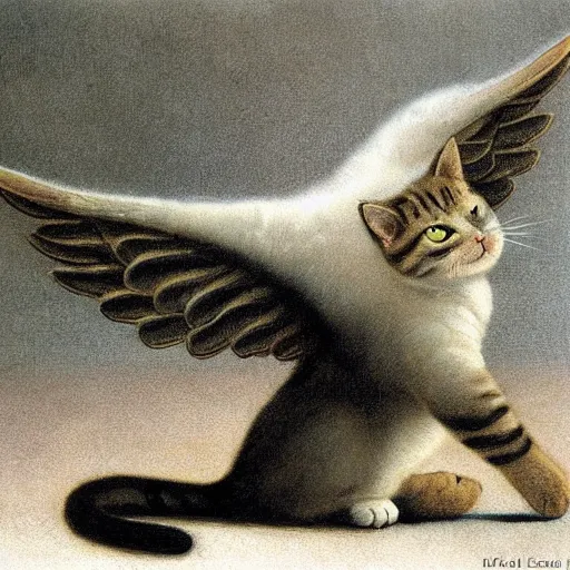 Prompt: a cat with wings an illustration by Michael Sowa