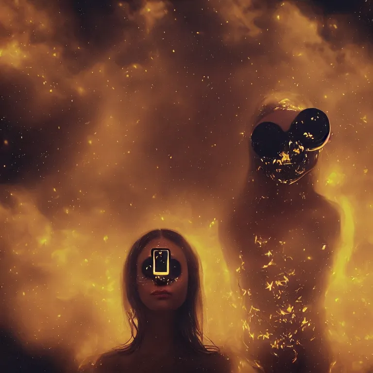 Image similar to The full body shot of beautiful pale woman with many eyes flowers and full-face golden mask inside a thick black smoke in rocky desert landscape, glowing eyes, falling star on the horizon, burning earth by Gaspar Noe and Christopher Doyle, anamorphic lens, anamorphic lens flares, kodakchrome, cinematic composition, practical effects, award winning photo, 8k