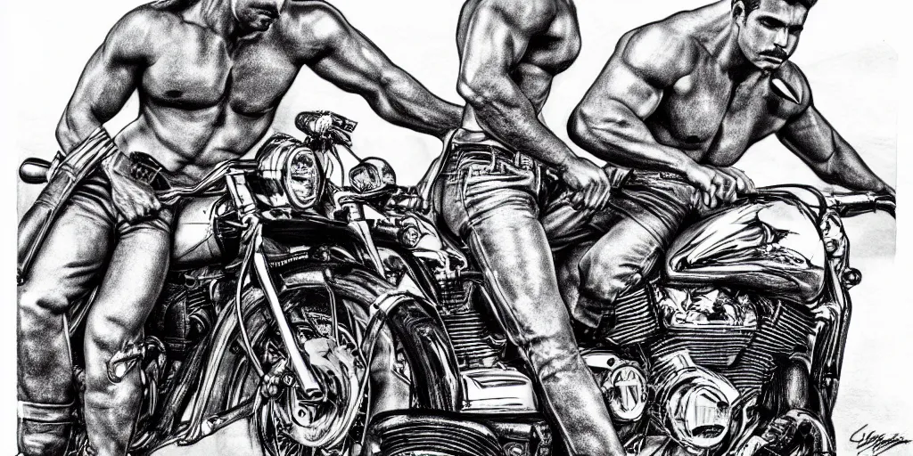 Image similar to men and motorcycles, detailed physique pictorial high quality pencil and ink drawing by tom of finland